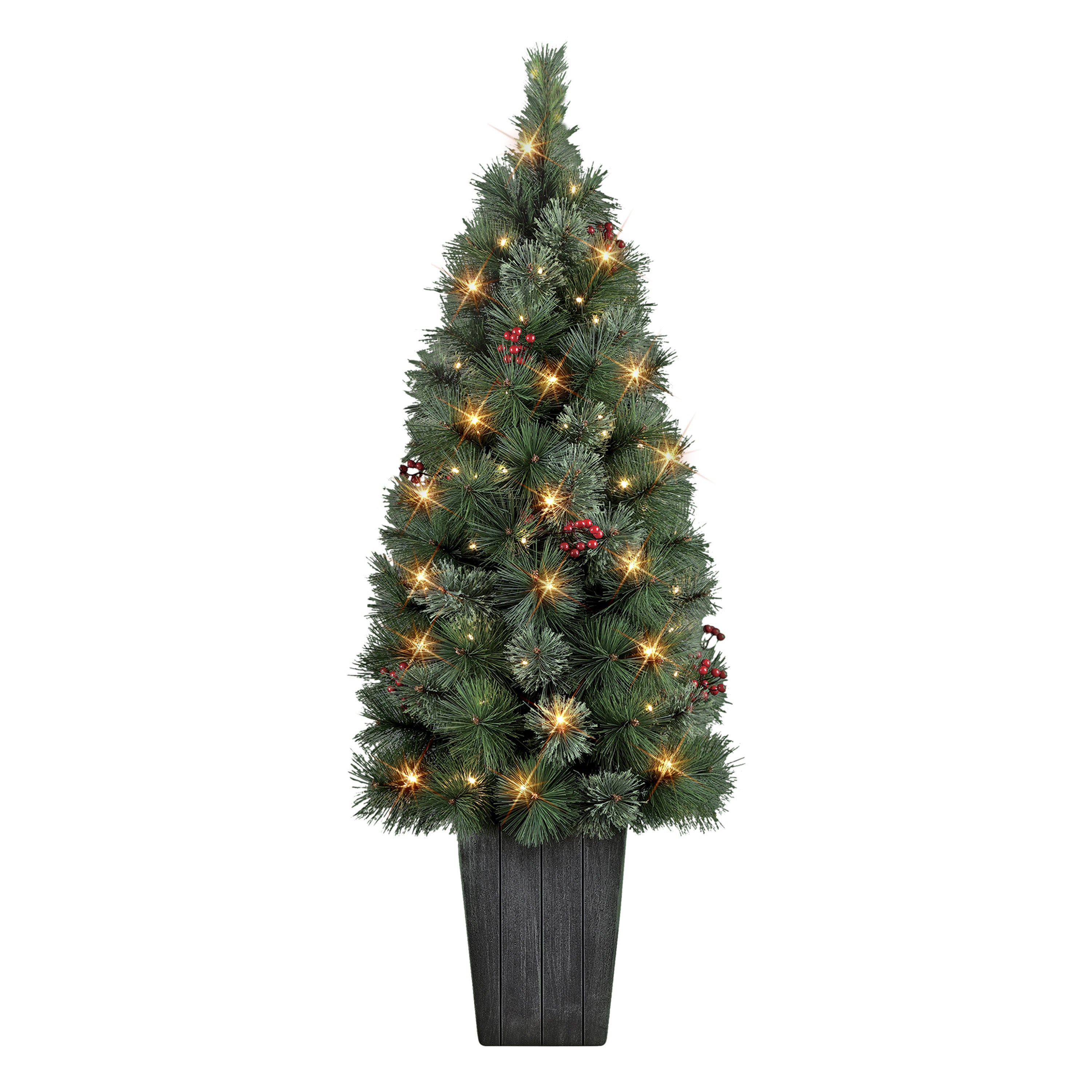 4 ft B/O Potted Cascade Pine Tree 100 B/O Warm White LED Lights Plastic Pot 6/18 Hours On/Off Timer Function CSPA-40LW5K1-BO